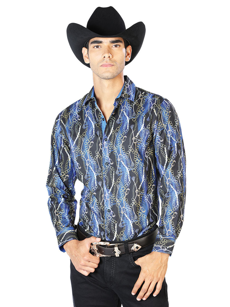 Camisa informal de manga larga negra y azul 43560