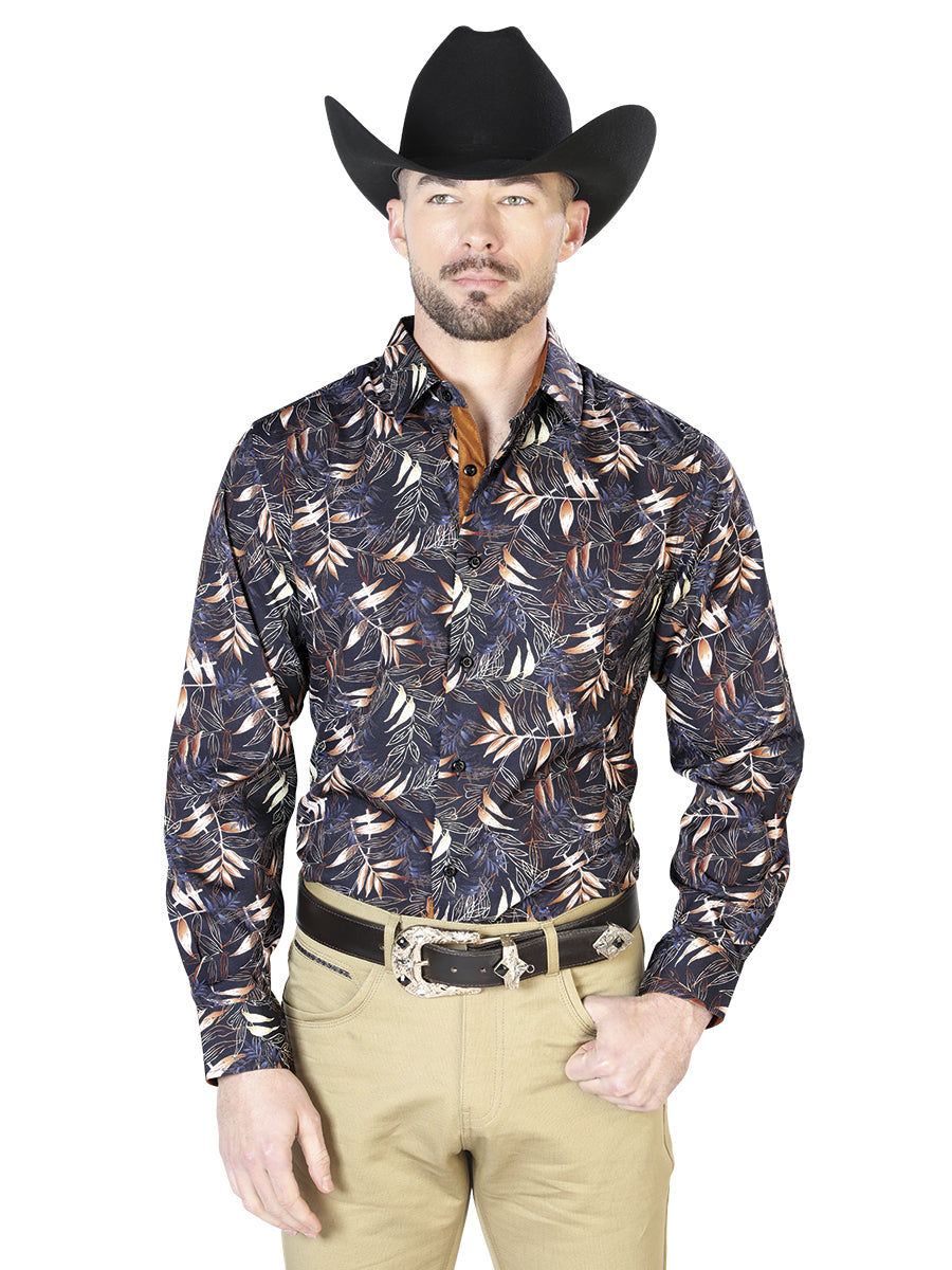 Camisa informal de manga larga negra y dorada 43691