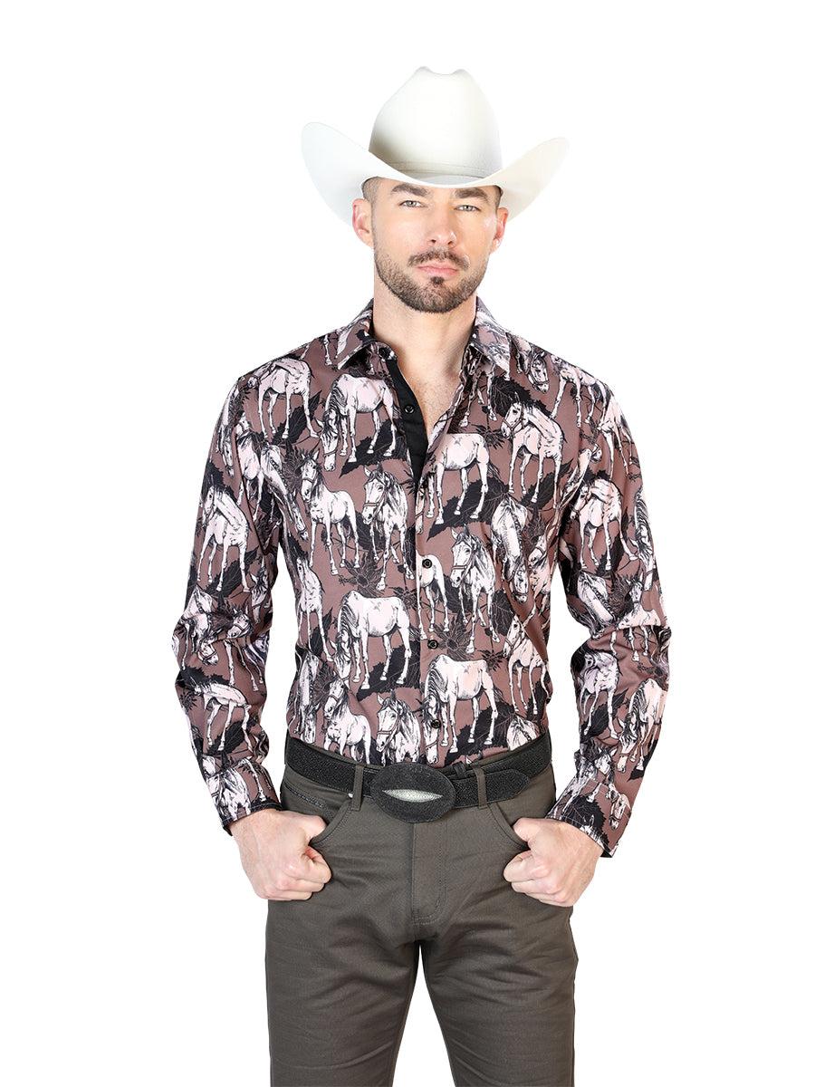 Black And Beige Horse Print Long Sleeve Shirt 43699