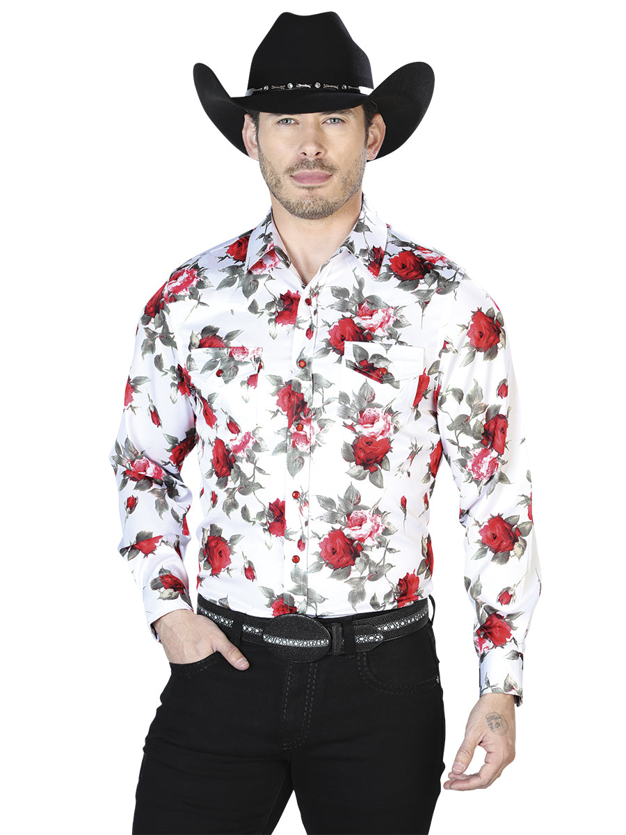 Camisa casual de manga larga con rosas blancas 43935