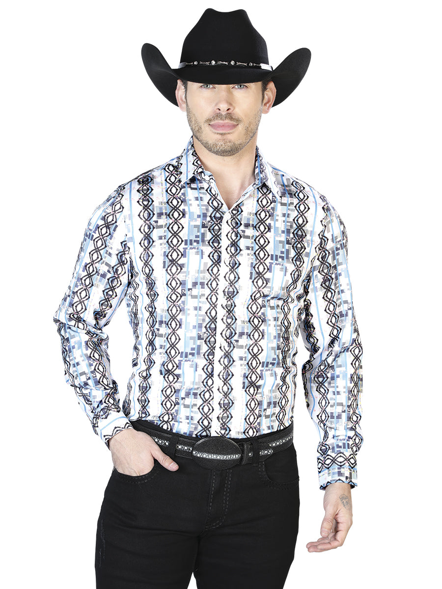 Camisa casual blanca y azul de manga larga 43940
