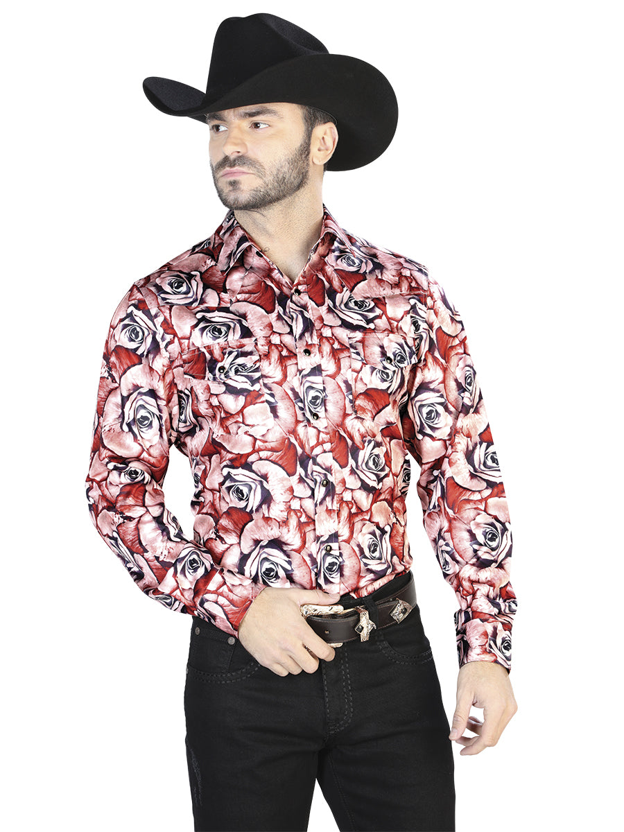 Camisa casual de manga larga roja con rosas 44068