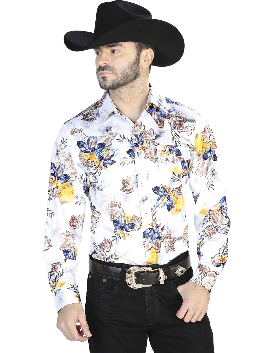 Camisa blanca informal de manga larga con estampado floral 44097