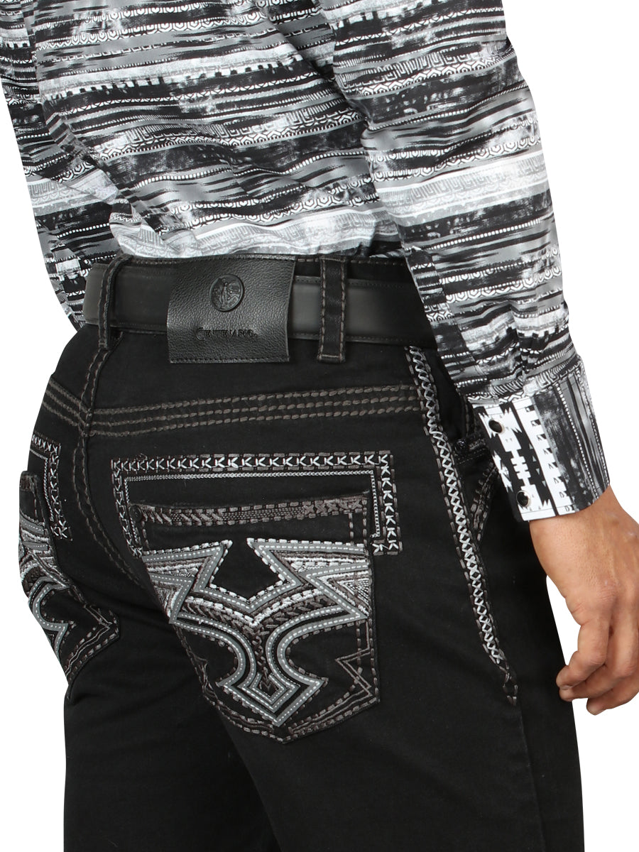 Centenario Men's Black Denim with Gray Embroidered Details 45311
