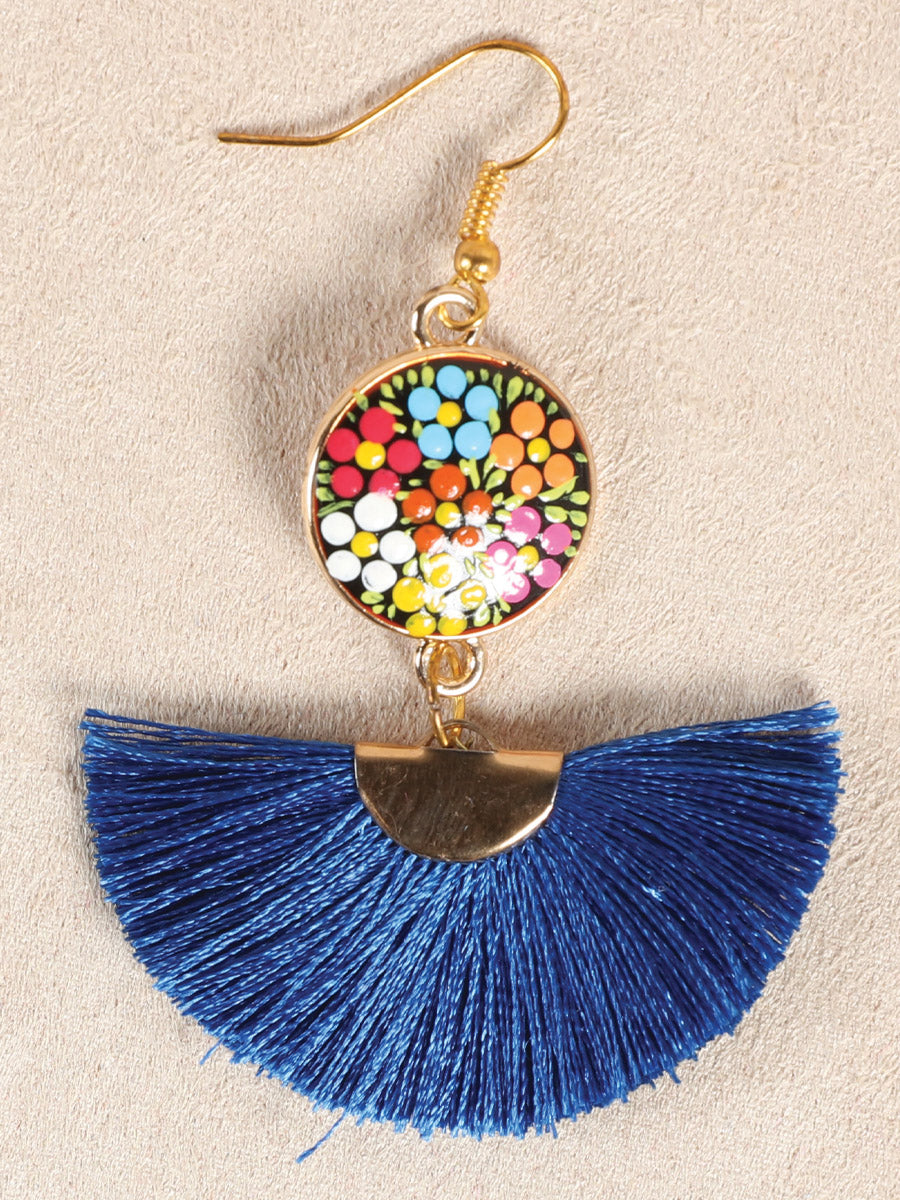 Pendientes artesanales pintados a mano, de madera e hilo de seda, azul real 602179