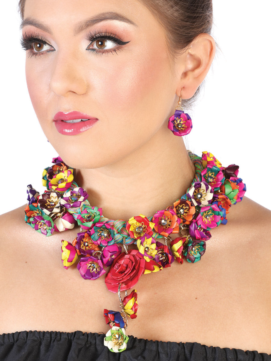 Conjunto artesanal de pendientes y collar Palm Multicolor 602377