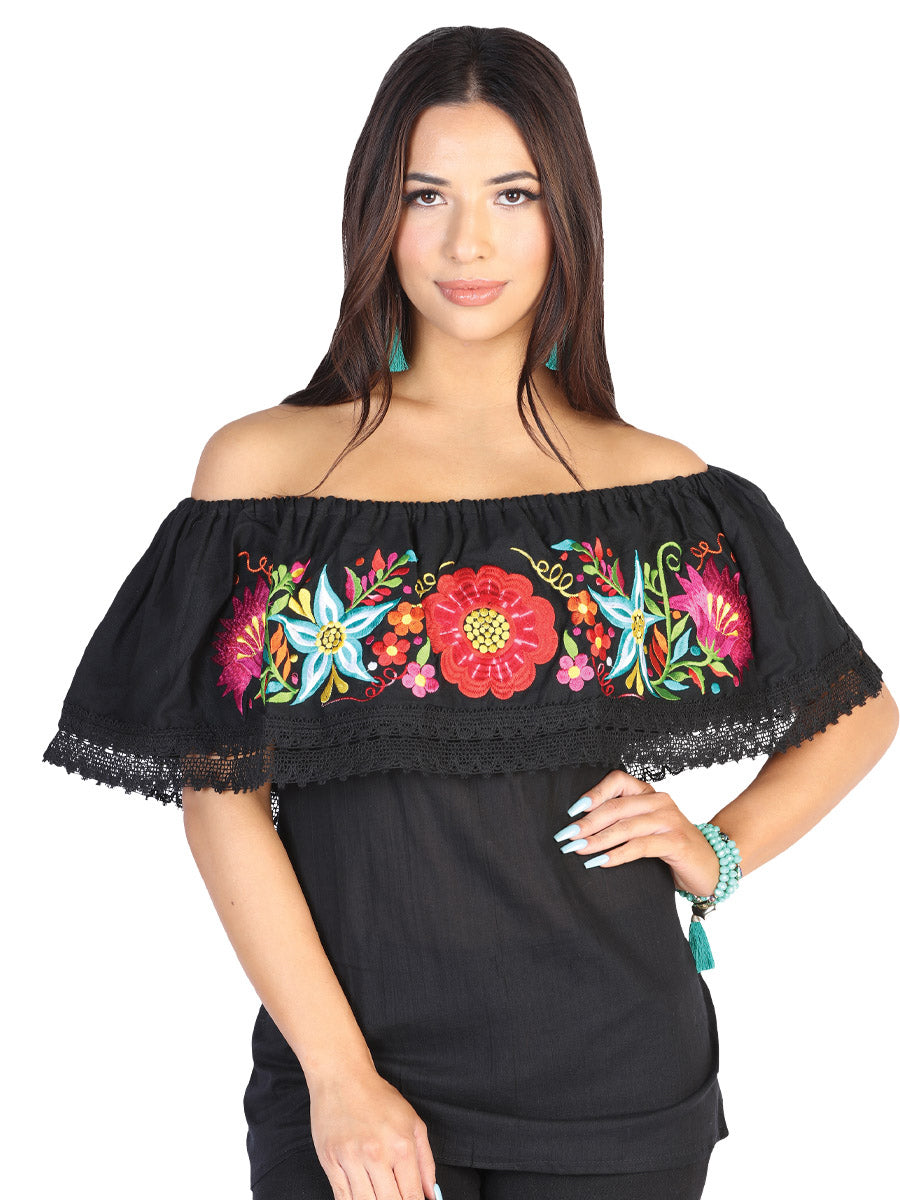 Blusa mexicana bordada, 50% algodón, 50% poliéster, negra, 602473