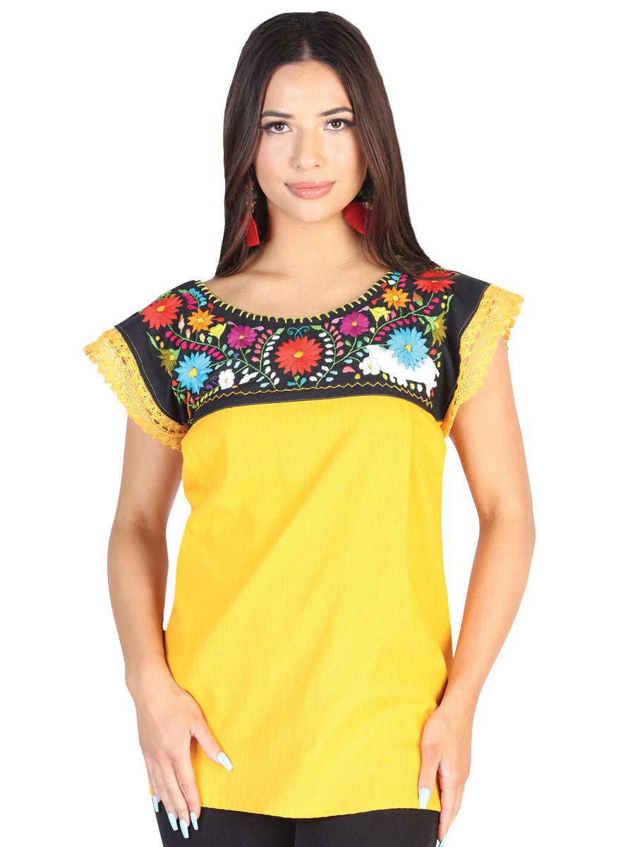 Blusa bordada artesanalmente, 50% algodón, 50% poliéster, amarilla, 602479