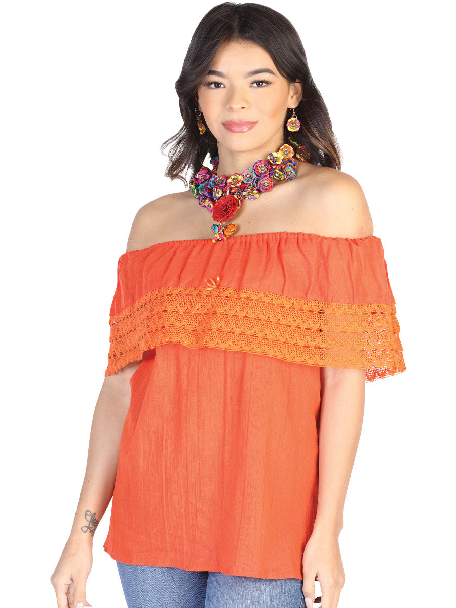 Blusa artesanal mexicana 50% algodón, 50% poliéster, color naranja 602512