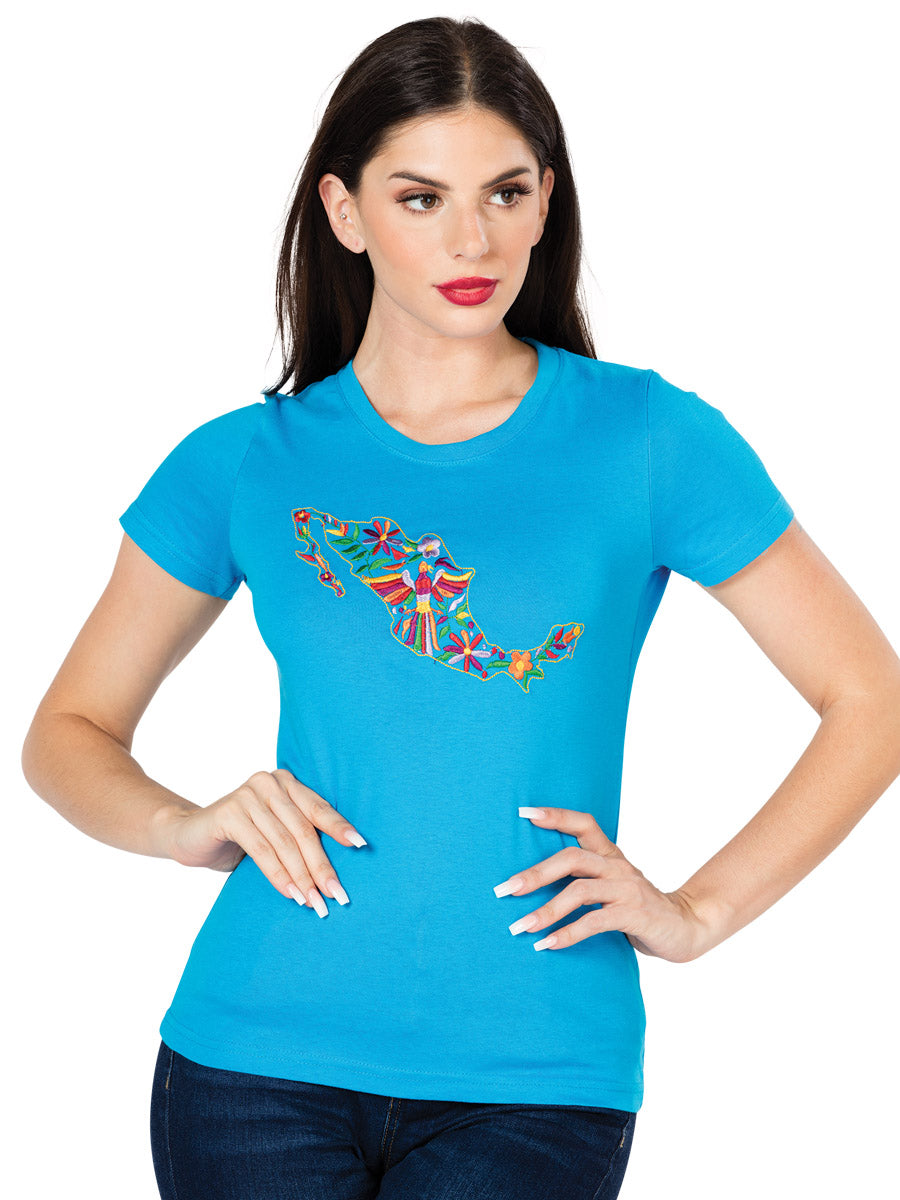 Camiseta bordada artesanalmente color turquesa 602751