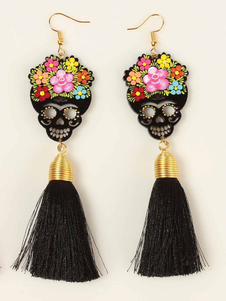 Pendientes artesanales pintados a mano, madera e hilo de seda, color negro 602939