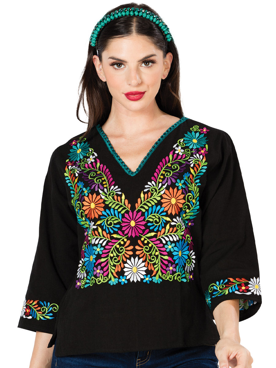 Blusa bordada artesanalmente, 100% algodón, negra, 603054