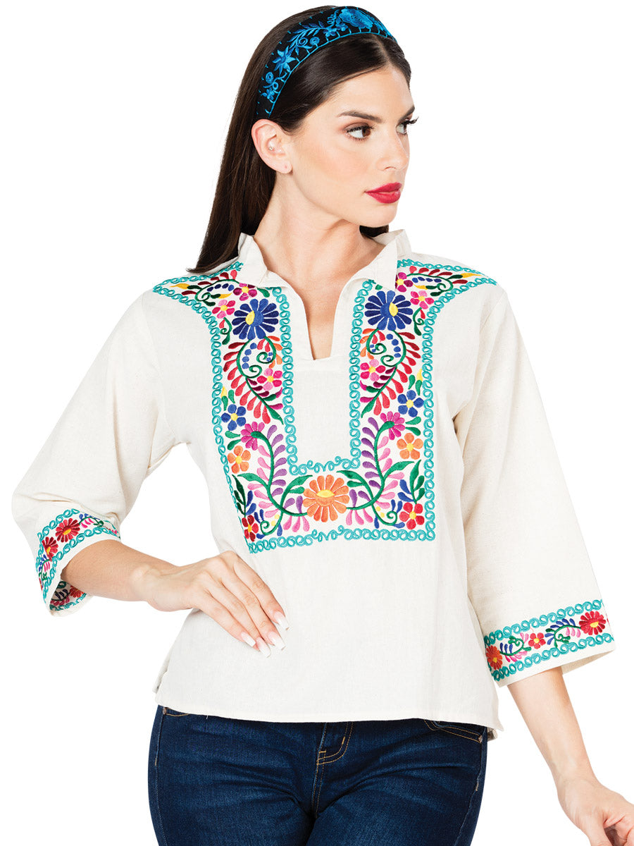 Blusa bordada artesanalmente, 100% algodón, color beige, modelo 603060