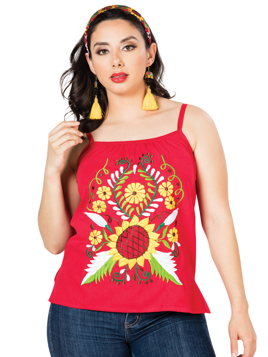Blusa bordada artesanalmente, 100% algodón, roja, 603073