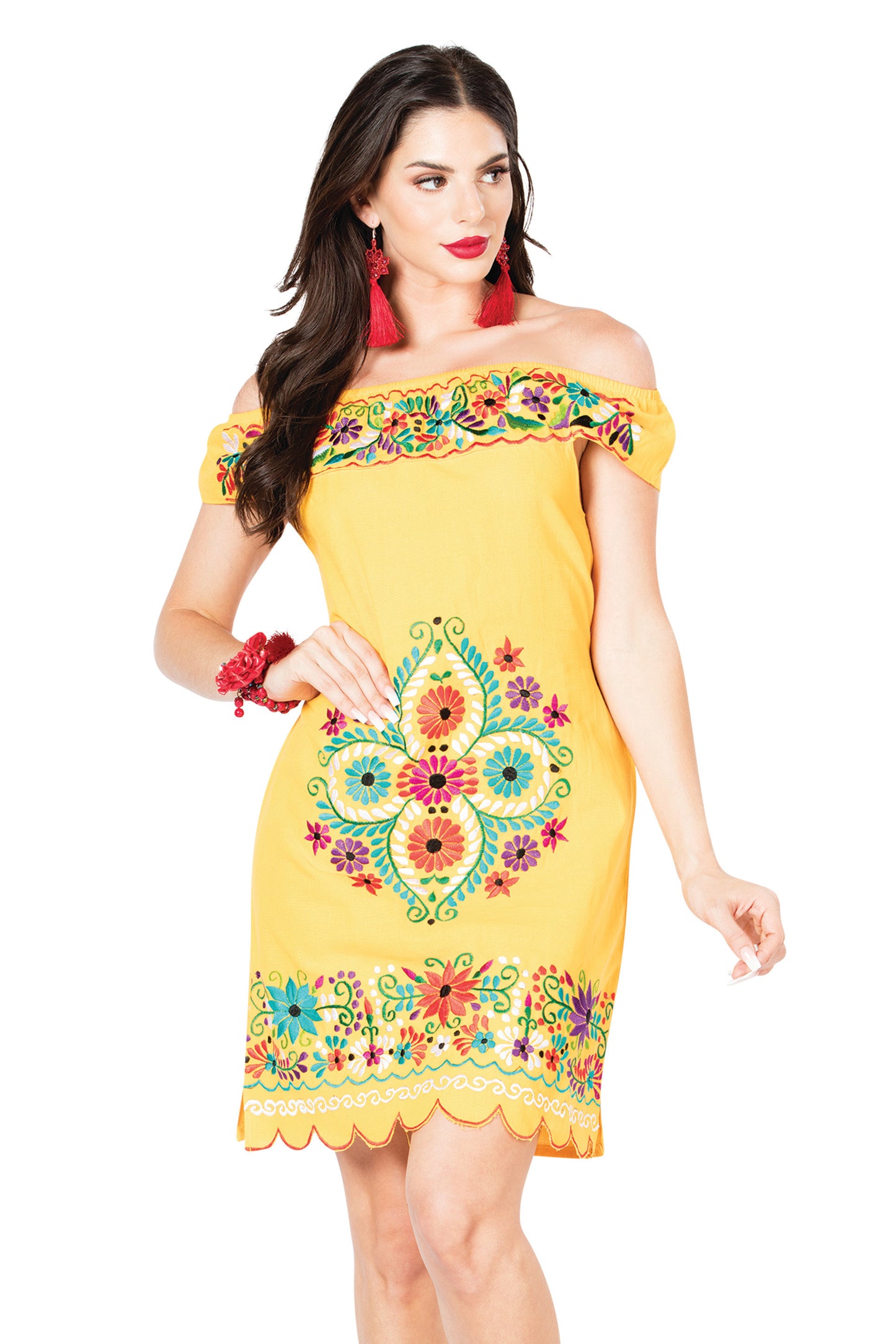 Vestido bordado artesanal 100% algodón amarillo 603087