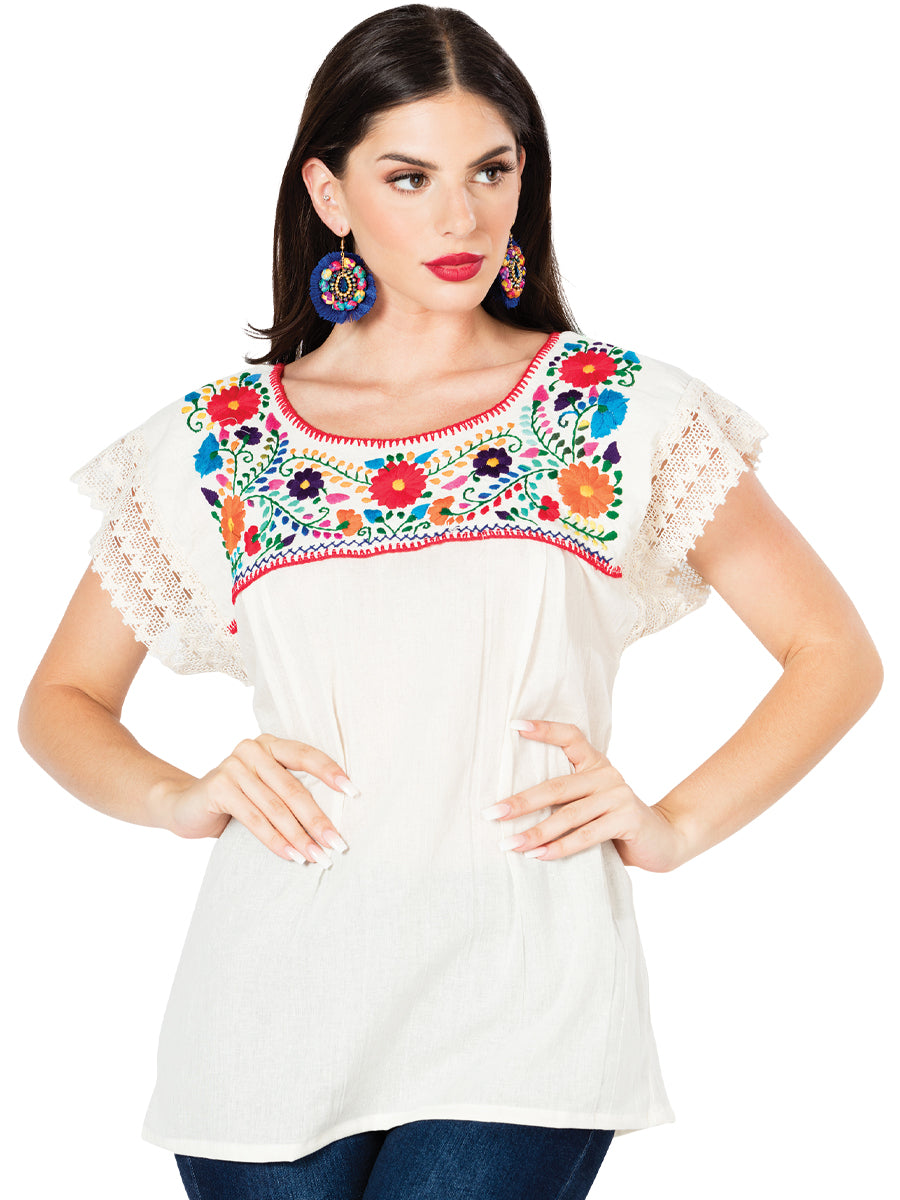Blusa bordada artesanalmente, 100% algodón, color beige, modelo 603097