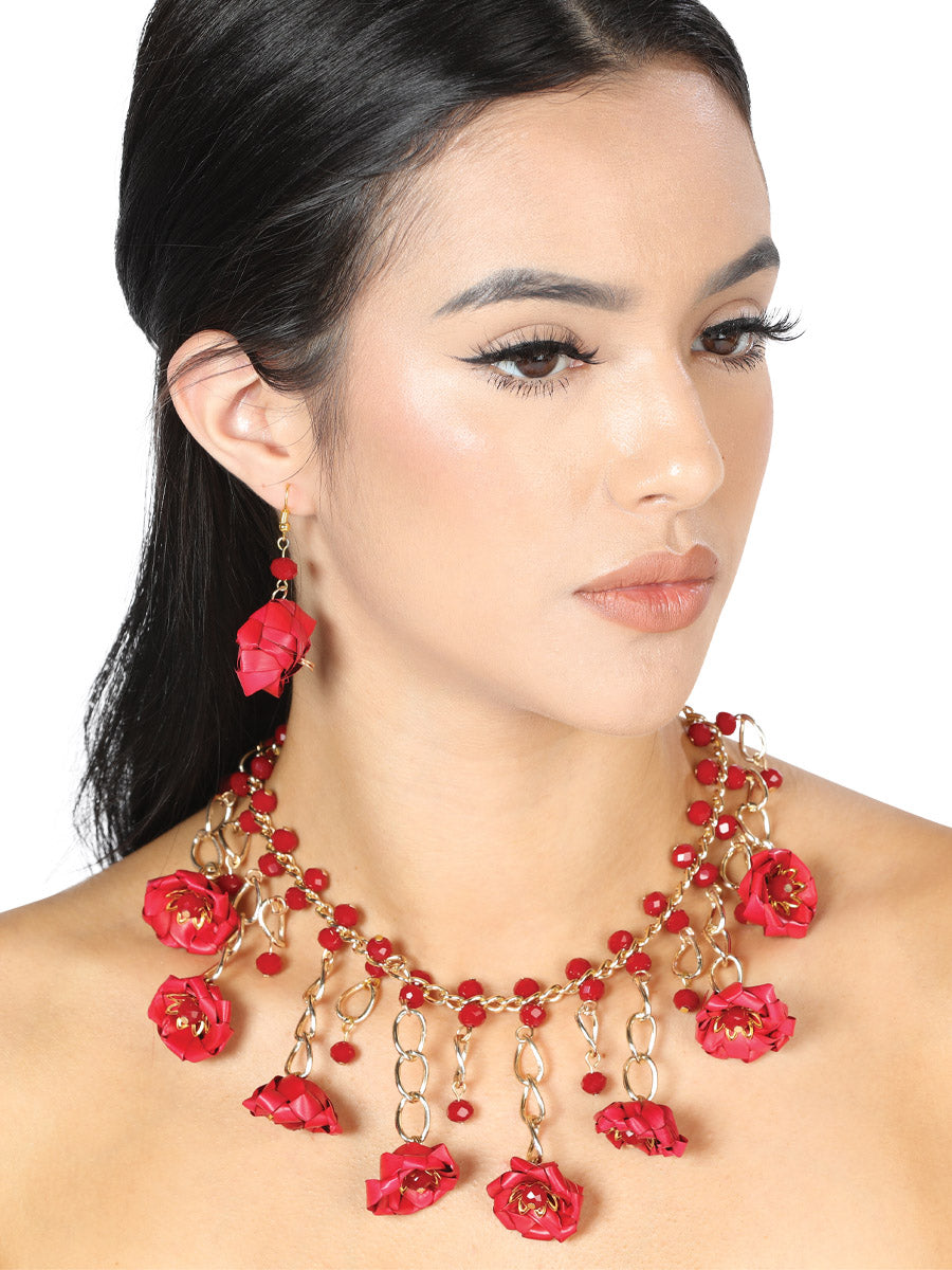 Conjunto artesanal de pendientes y collar de hilo de seda de palma rojo 603225