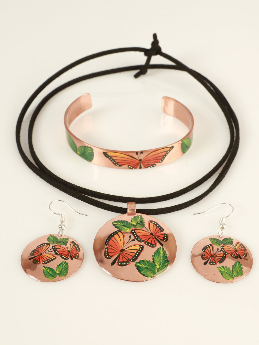 Conjunto artesanal pintado a mano de pendientes, collar y pulsera de cobre 603403