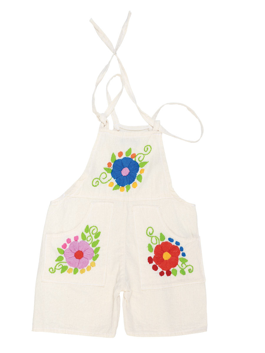 Artisanal Embroidered Overalls Short 100% Cotton Beige 603584