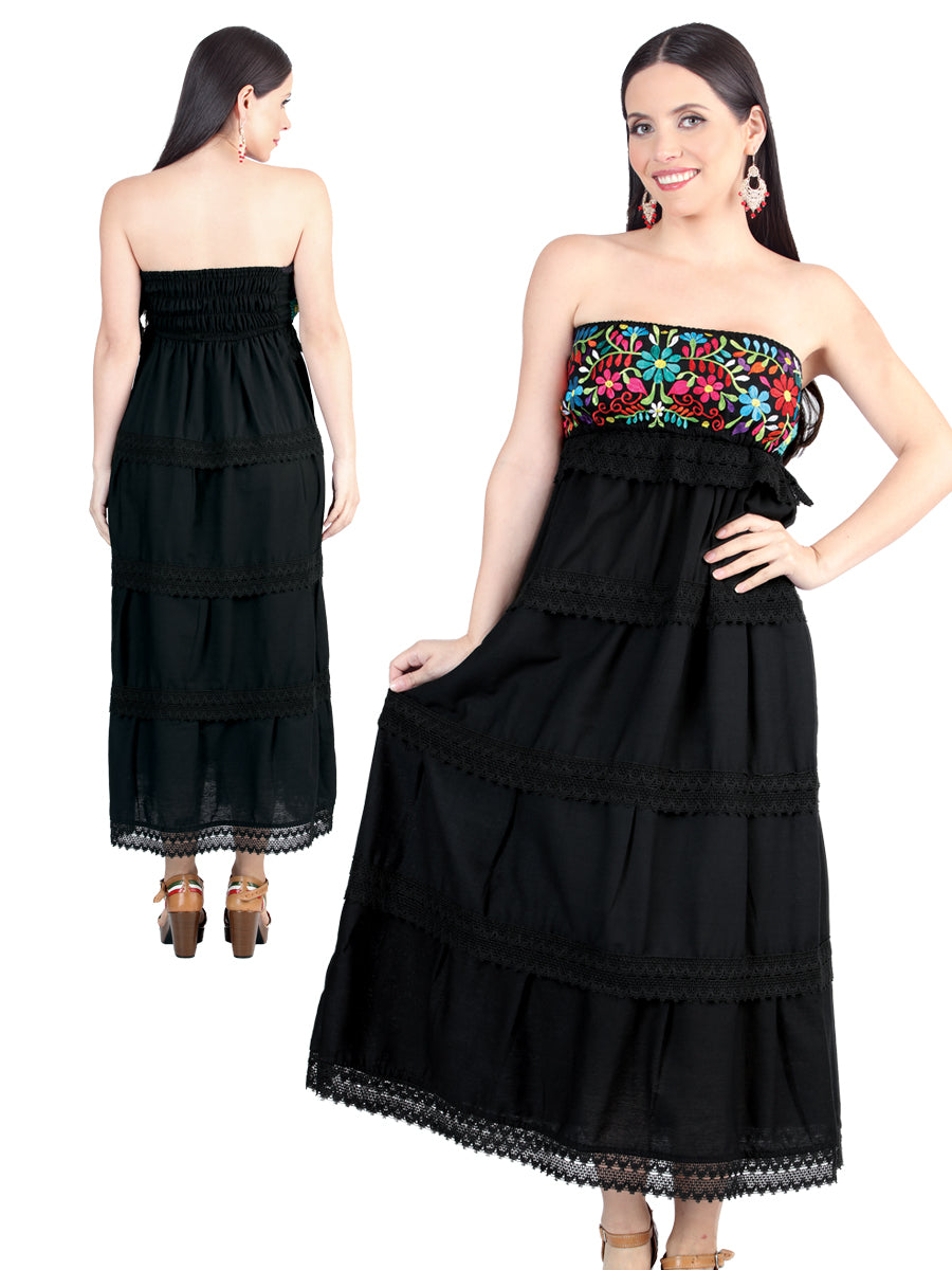 Vestido bordado artesanal 100% algodón negro 604000