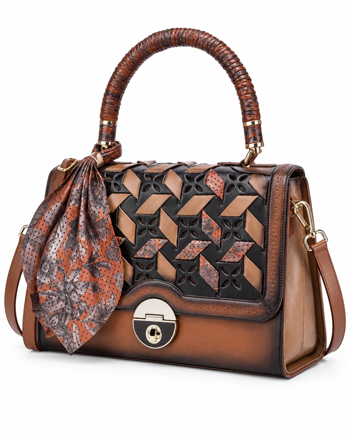 Women’s Brown andBlack Geometric Woven Satchel Handbag Top Handle Shoulder Bag