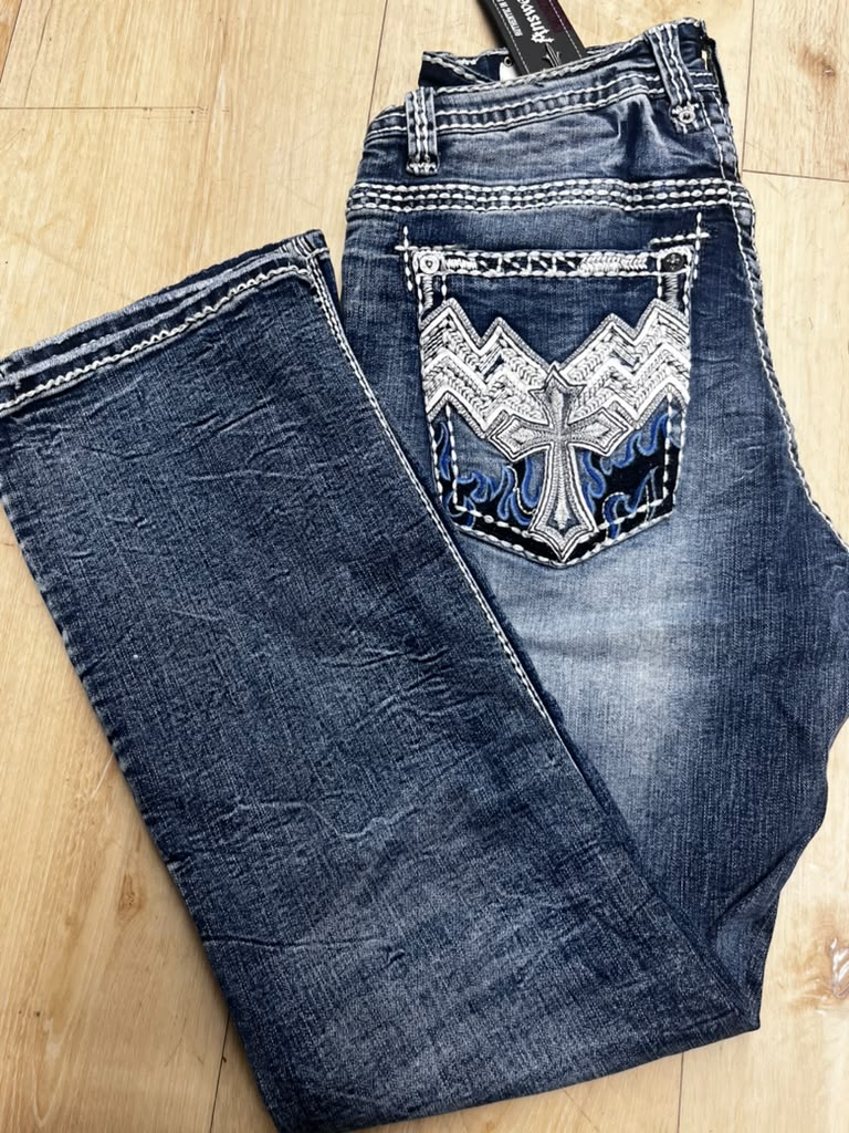 Men’s Western Jeans Blue Denim Cross Back Pockets Distressed