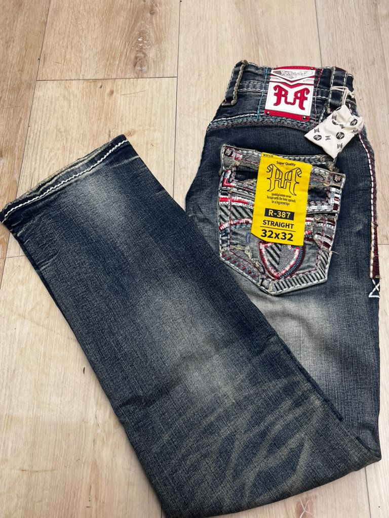 Men’s Western Jeans Dark Blue Distressed Denim Embroidered Back Pockets