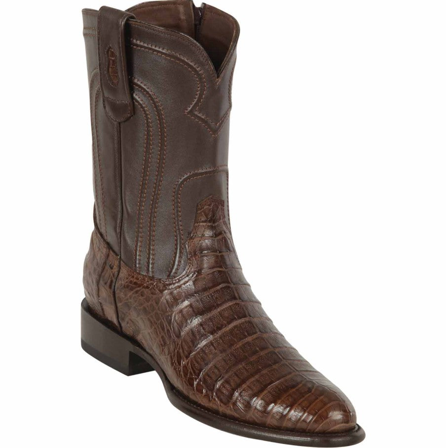 Original Caiman Crocodile Belly Roper Boots Oval Toe with Zipper Brown Color