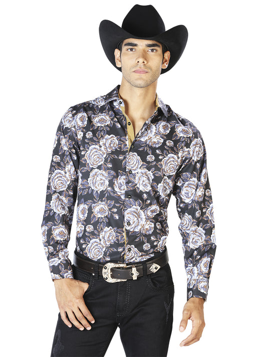 Camisa informal de manga larga negra y beige 43540