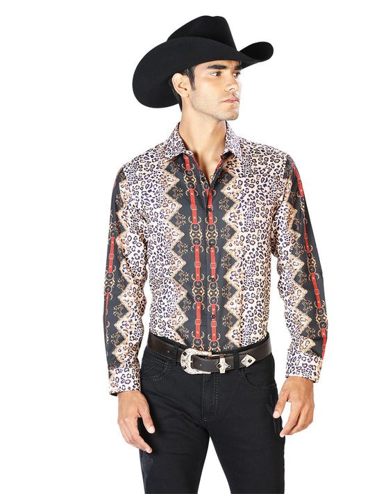 Camisa informal de manga larga negra con estampado de leopardo 43557