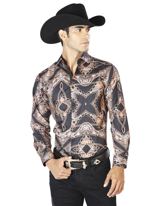 Camisa informal de manga larga negra con estampado de leopardo 43564