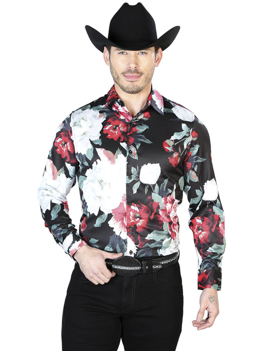 Camisa informal de manga larga con flores blancas y negras 43670