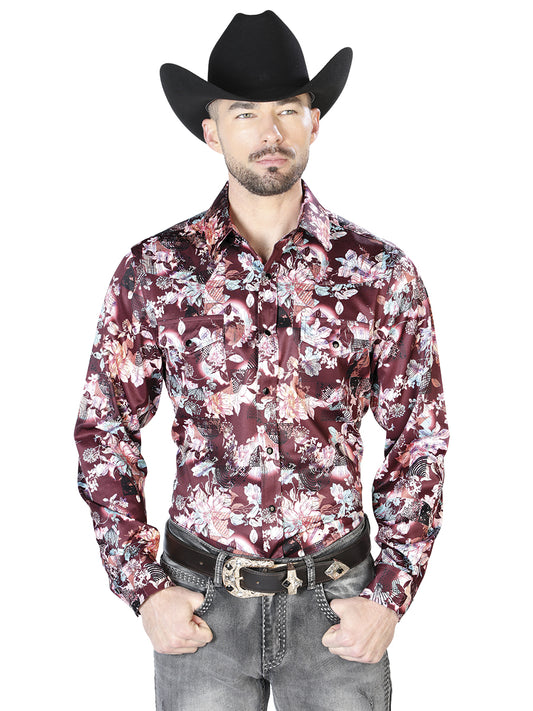 Camisa casual de manga larga con estampado floral en vino y beige 43936