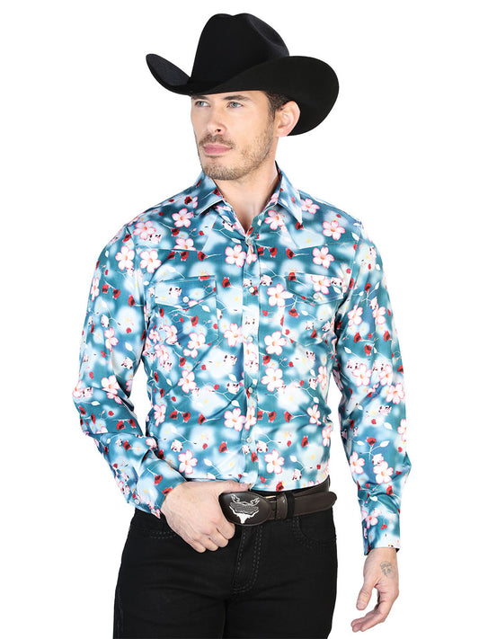 Camisa Aqua Flowers de manga larga casual 43943
