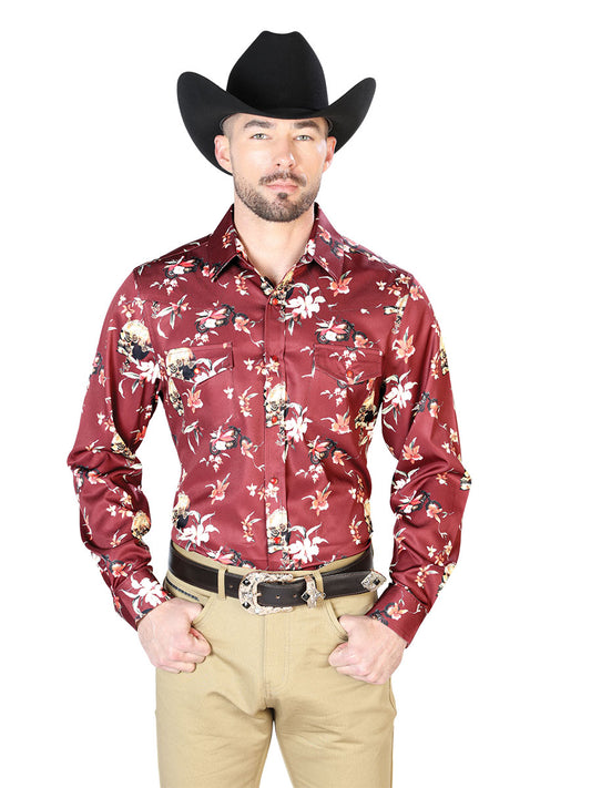 Burgandy Flowers Casual Long Sleeve Shirts 43951
