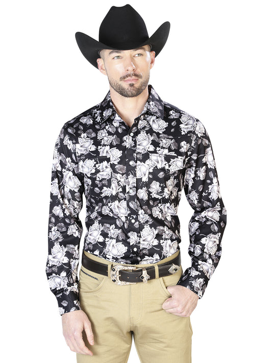 Camisa casual de manga larga con estampado de flores negras 43960