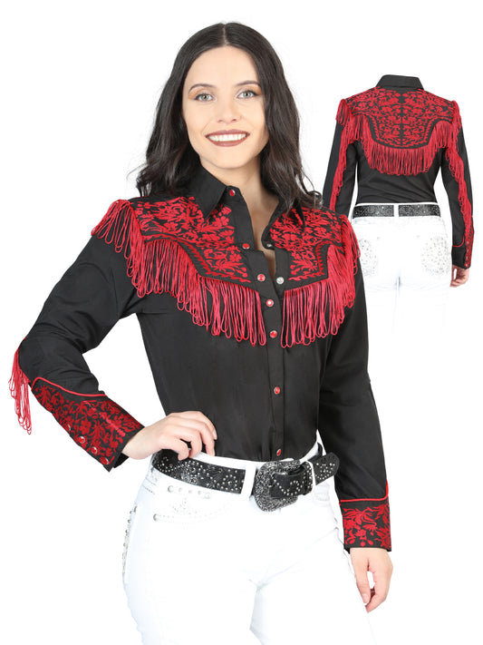 Blusa negra bordada con flecos para mujer, estilo occidental 44178