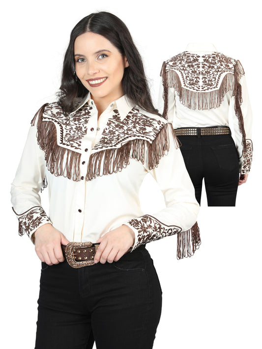 Blusa de mujer color beige con flecos y bordado estilo occidental 44180