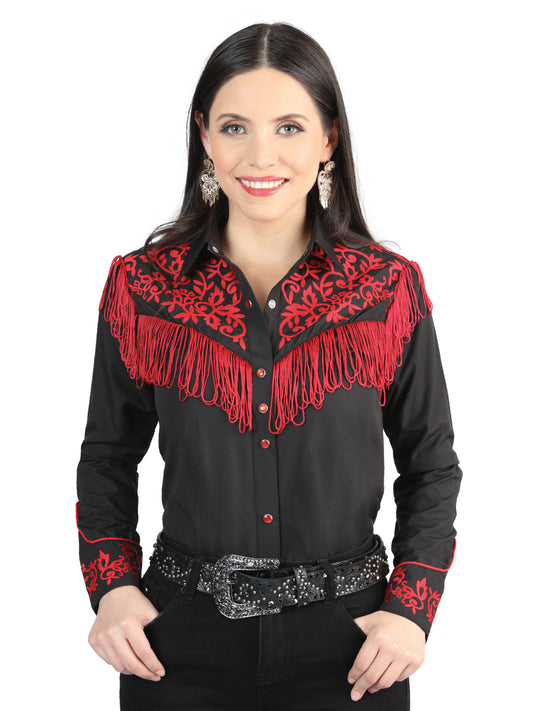 Blusa negra bordada con flecos para mujer, estilo occidental 44181