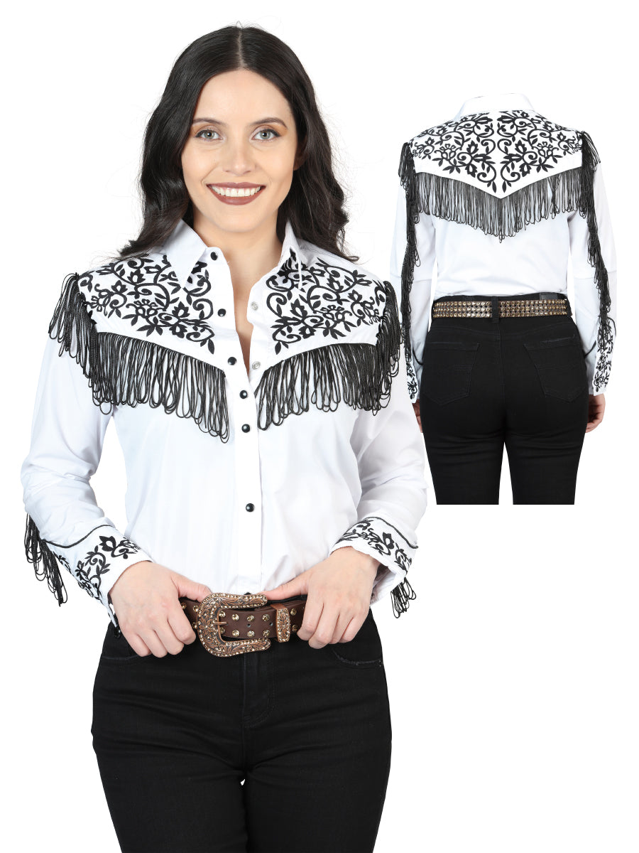Blusa blanca bordada con flecos para mujer, estilo occidental, modelo 44182