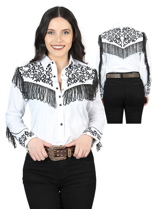 Blusa blanca bordada con flecos para mujer, estilo occidental, modelo 44182