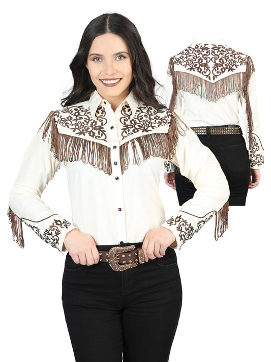 Blusa de mujer color beige con flecos y bordado estilo occidental 44183