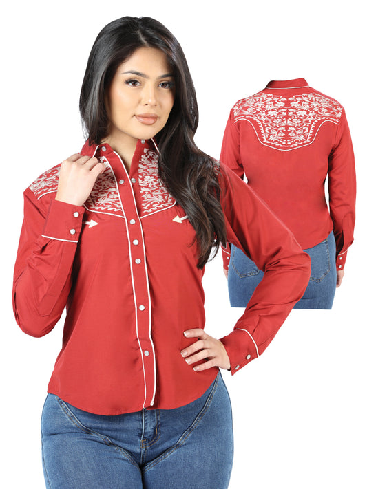 Blusa de mujer color burdeos bordada estilo western 44184