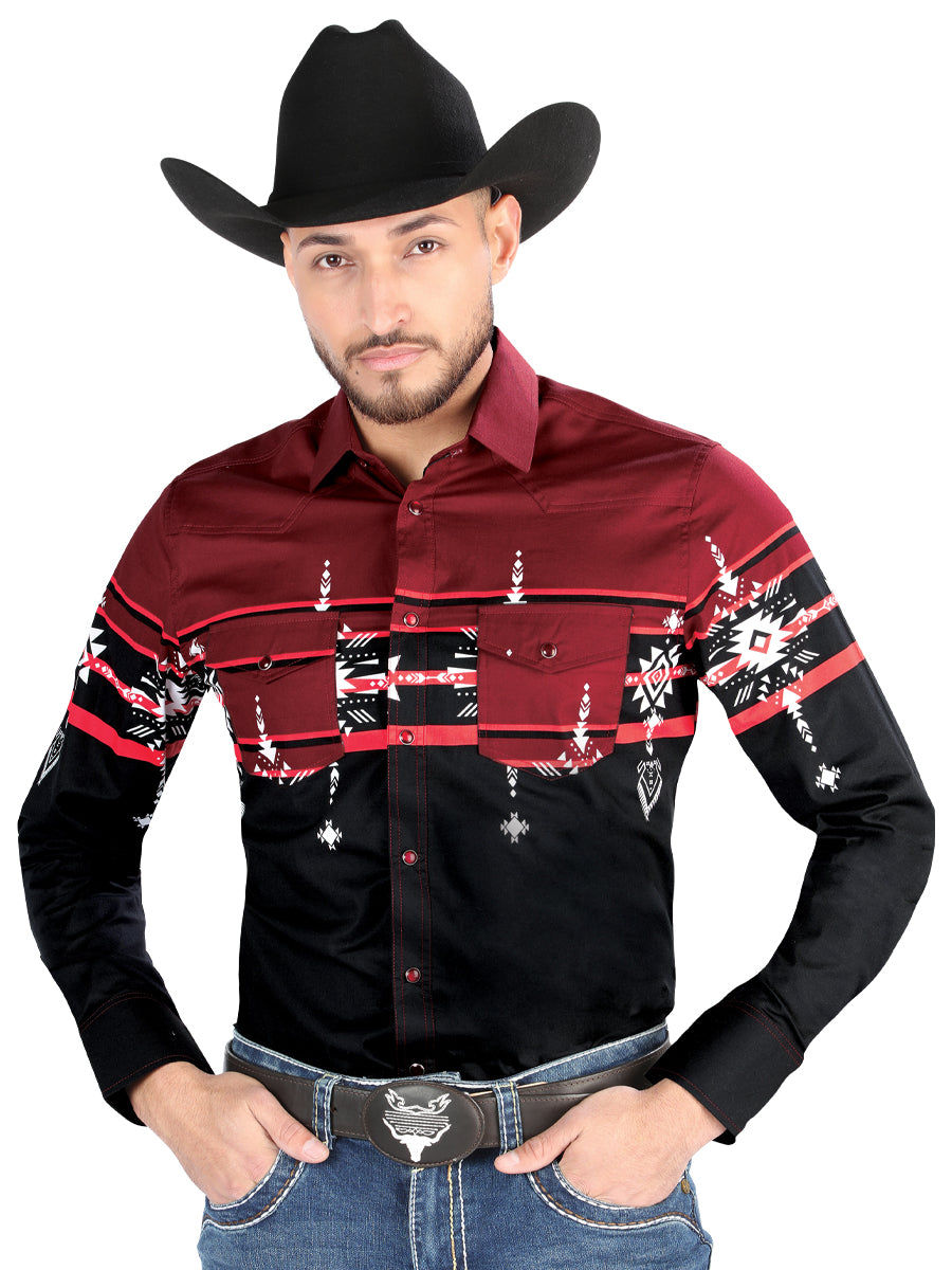 El General - Camisa informal de manga larga - Negro/Burdeos 44454