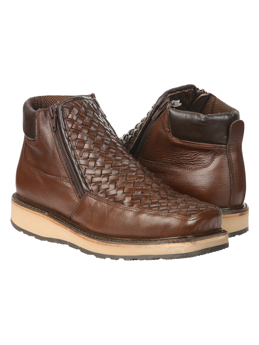 El General Men’s Brown Woven Ankle Boots with Zipper 45184