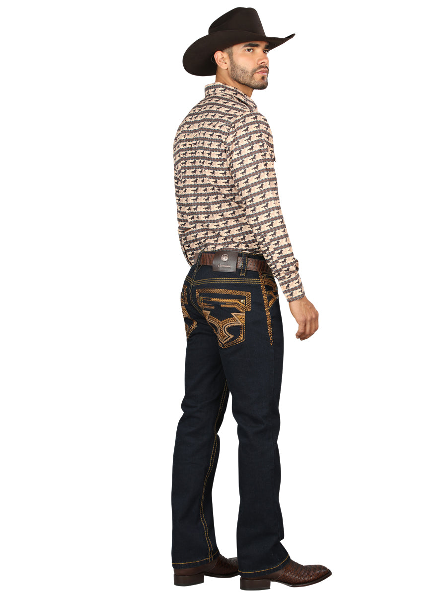 Pantalón vaquero azul lavado Centenario para hombre con detalles bordados en oro 45313