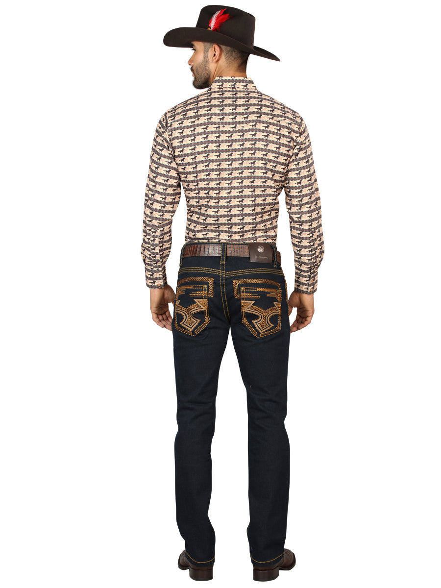 Pantalón vaquero azul lavado Centenario para hombre con detalles bordados en oro 45313