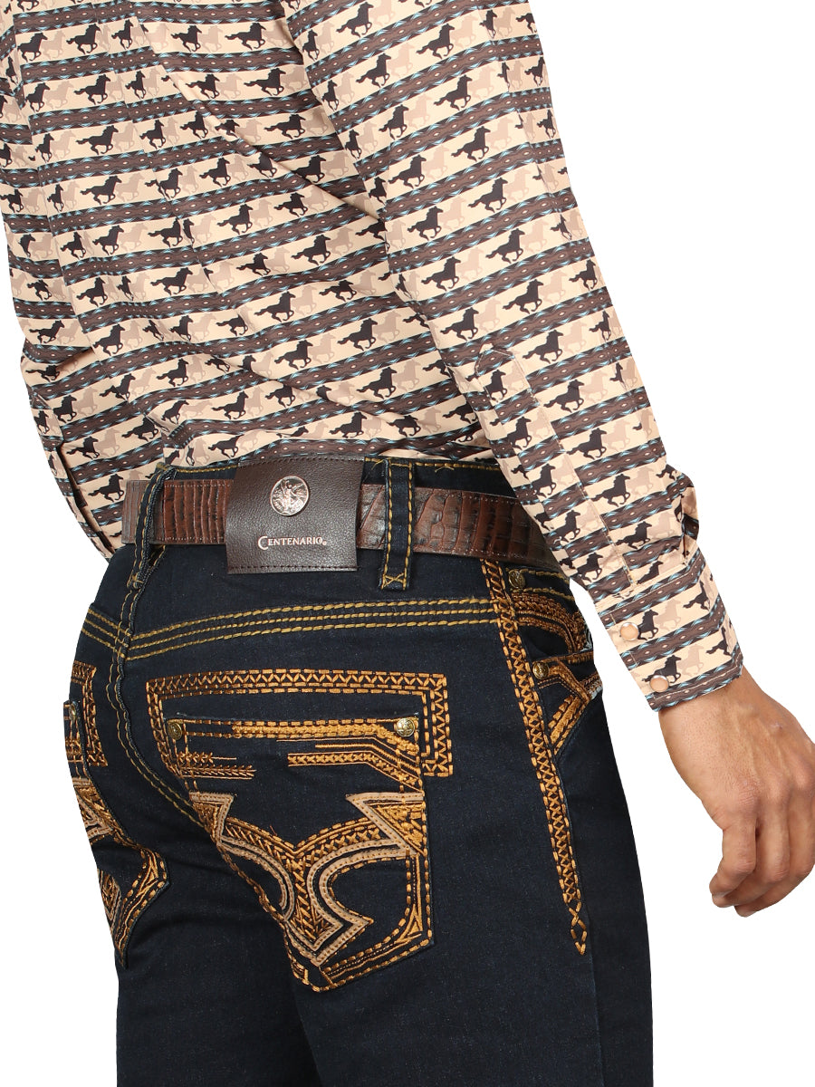 Pantalón vaquero azul lavado Centenario para hombre con detalles bordados en oro 45313