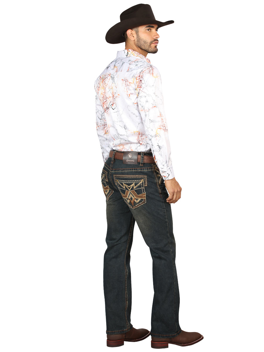Pantalón vaquero marrón tintado Centenario para hombre con detalles bordados 45316