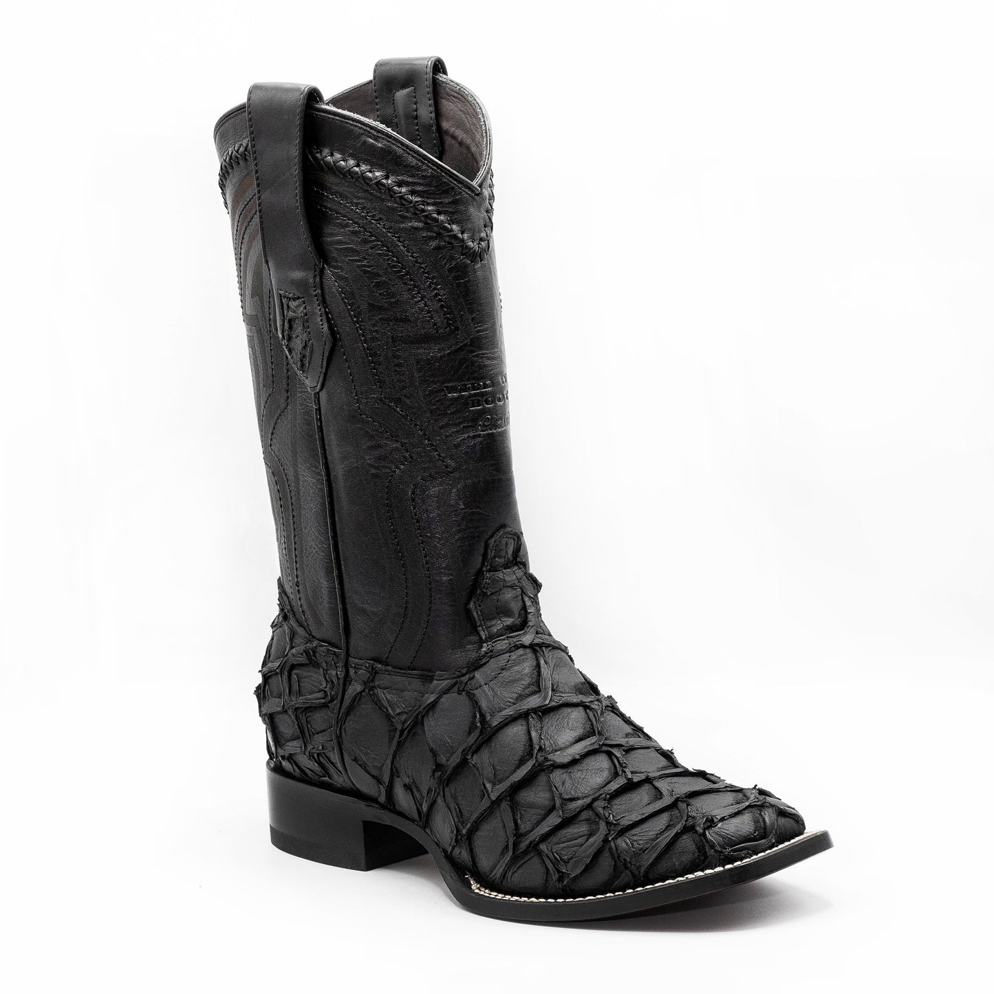 Original Pirarucu Fish Boots Wide Square Toe Matte Black Color
